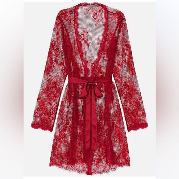 🔥 Victoria’s Secret Sexy Lace Fishnet Red Embroidered Sheer Robe Sz XS/Small New - Picture 1 of 7